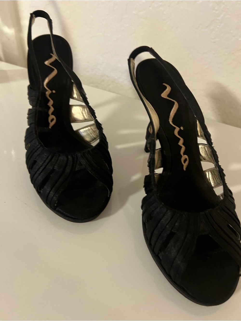 Nina Black Strappy Slingback Peep-Toe Heels
